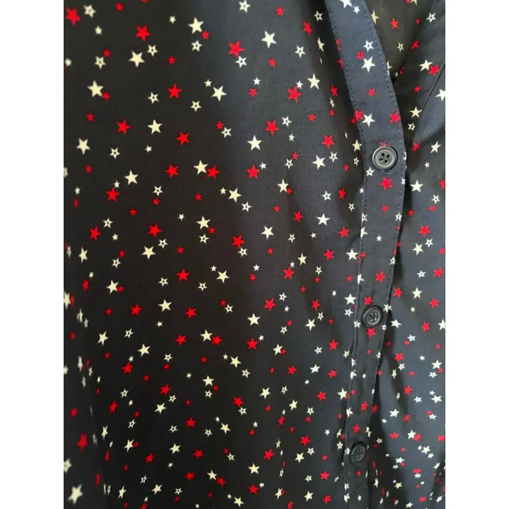 Catherines Navy Button-Down Blouse with Pink and White Dot Print - Picture 2 of 5